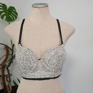 ELLACCI Rhinestone Push Up Bustier Crop Top Medium 38/85 Black Silver Rave